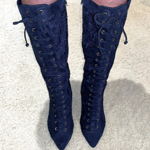 Anika Navy Blue Suede and Lace Stiletto Boots Lace Up Front Detail Side Full Zip - Picture 2 of 14